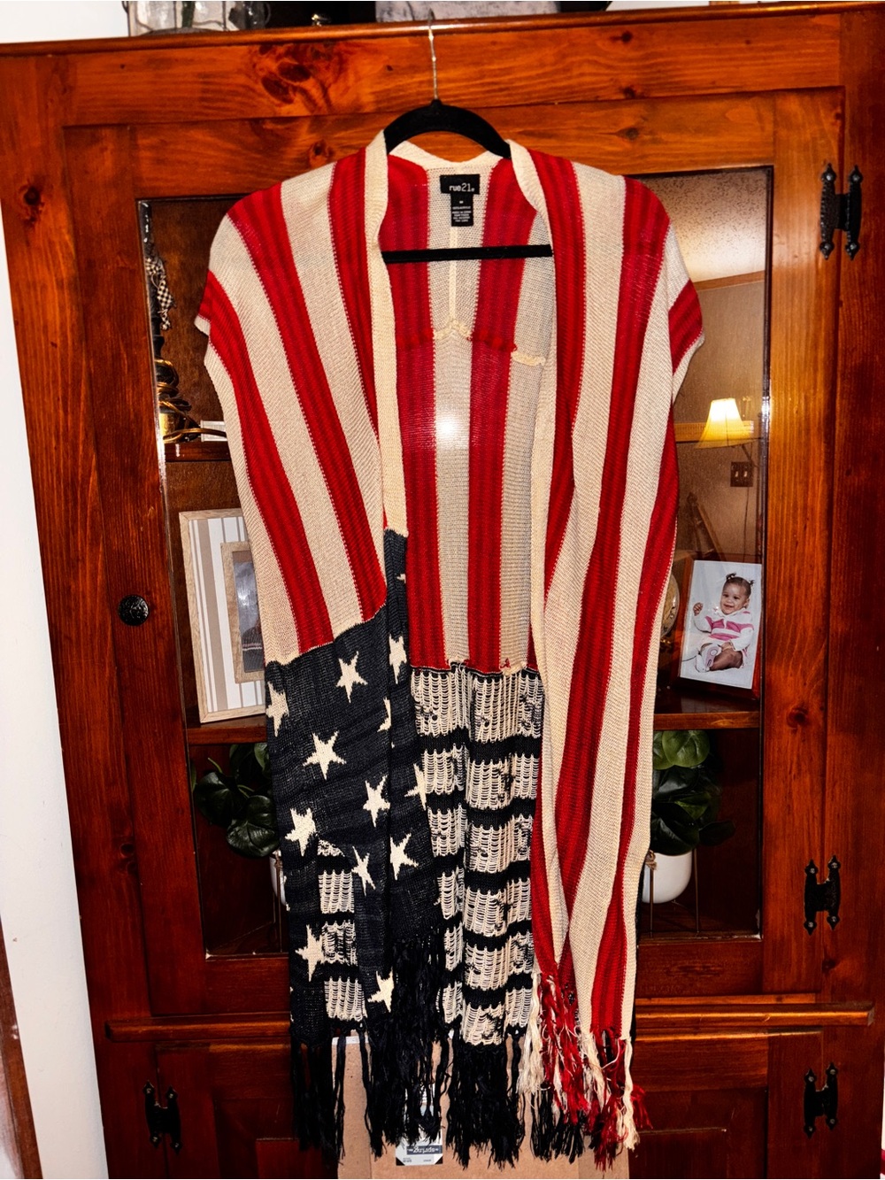 Rue21 Medium Red, off white & Navy Star-Stripe Knit cap sleeve duster